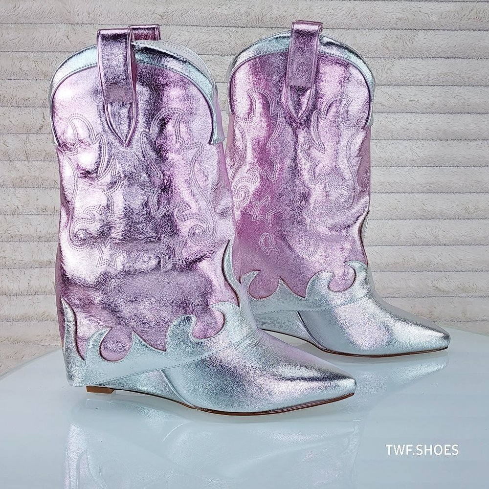 Show Off By Azalea Wang Silver Metallic Fold Over Western Wedge Ankle Boots - Picture 3 of 10